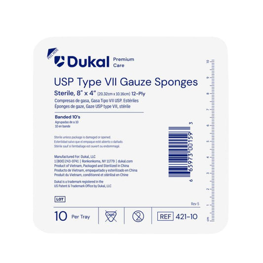 Dukal Premium Care Sterile Type VII Gauze Sponges, 12-Ply, 8" x 4", 10/ty 80ty/cs