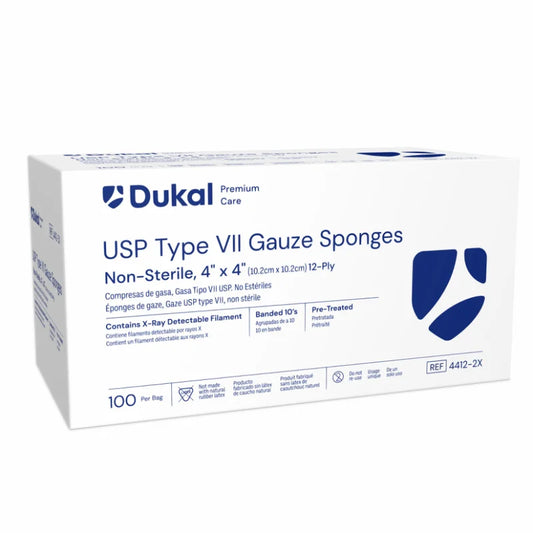 Dukal Premium Care Non-Sterile Type VII Gauze Sponges with X-Ray Detectable Filament, 12-Ply, 4" x 4", 100/Bg, 20Bg/cs