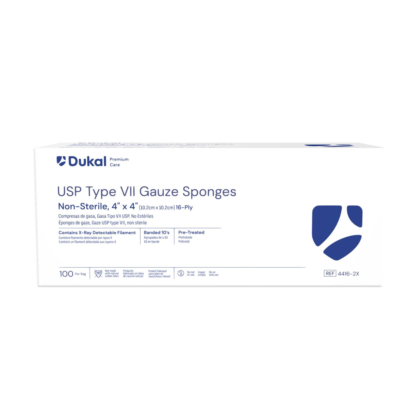 Dukal Premium Care Non-Sterile Type VII Gauze Sponges with X-Ray Detectable Filament, 16-Ply, 4" x 4", 10's X-ray 100/Bg, 20Bg/cs NS