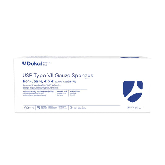 Dukal Premium Care Non-Sterile Type VII Gauze Sponges with X-Ray Detectable Filament, 16-Ply, 4" x 4", 10's X-ray 100/Bg, 20Bg/cs NS