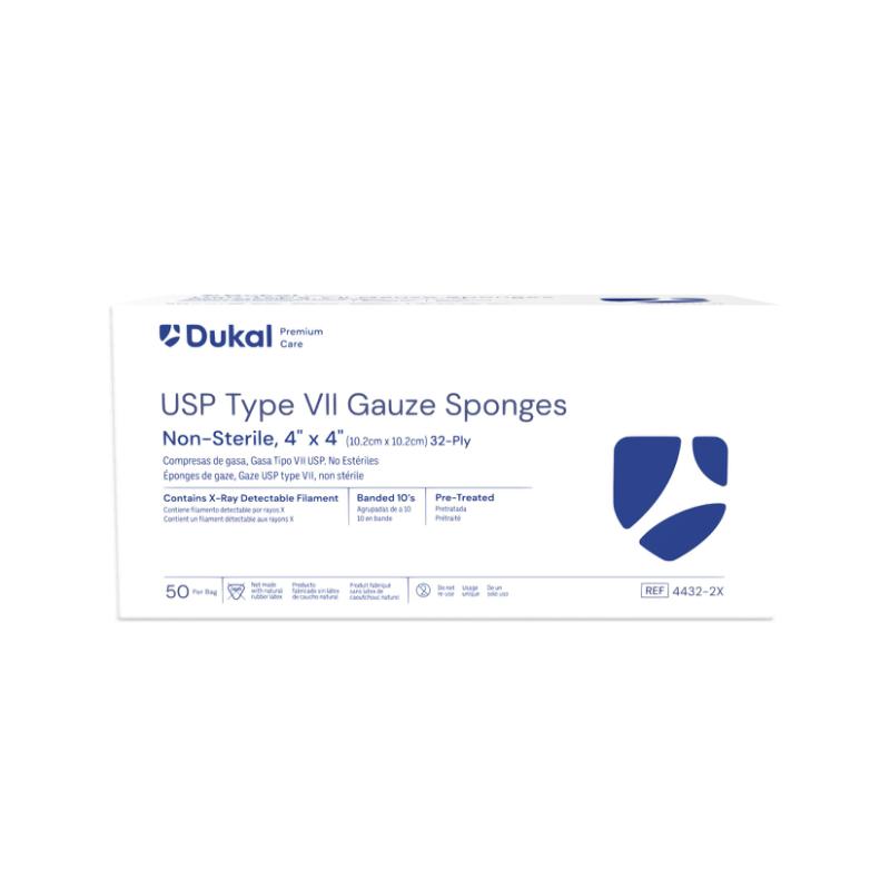 Dukal Premium Care Non-Sterile Type VII Gauze Sponges with X-Ray Detectable Filament, 32-Ply, 4" x 4", 10's X-ray 50/bg, 20bg/cs