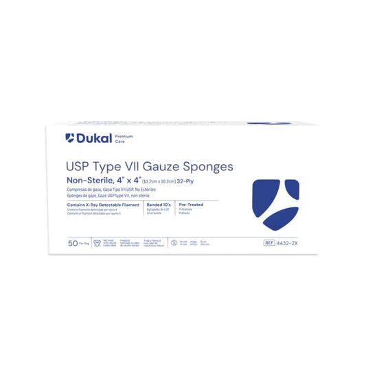 Dukal Premium Care Non-Sterile Type VII Gauze Sponges with X-Ray Detectable Filament, 32-Ply, 4" x 4", 10's X-ray 50/bg, 20bg/cs