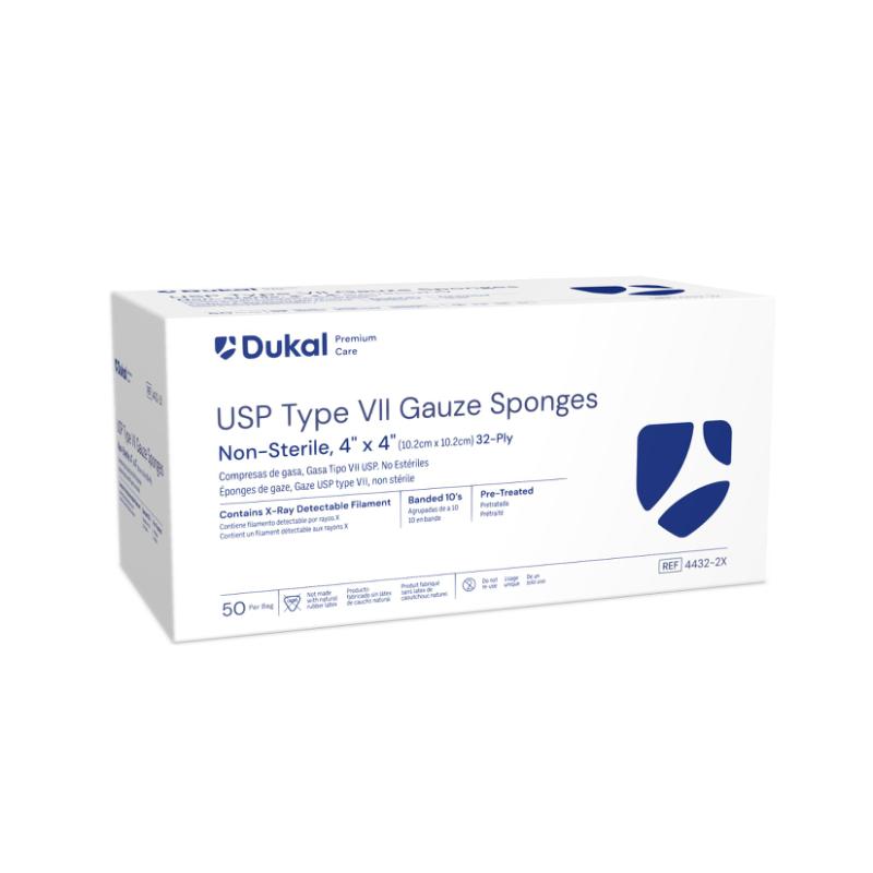 Dukal Premium Care Non-Sterile Type VII Gauze Sponges with X-Ray Detectable Filament, 32-Ply, 4" x 4",