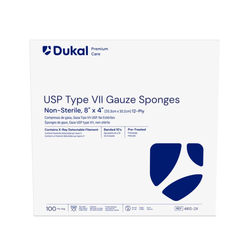 Dukal Non-Sterile X-Ray Detectable Type VII Gauze Sponges 8" X 4",12-Ply, 10's Xray 100/bg, 20bg/cs