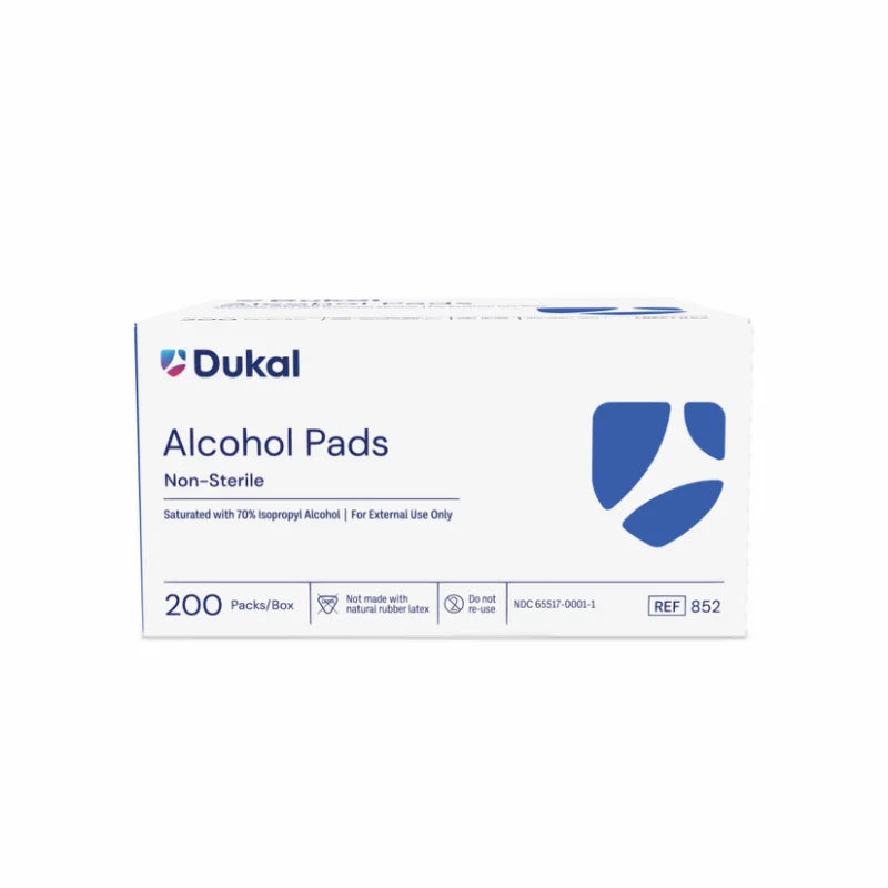 Dukal Item 852 Non-Sterile Alcohol Pad, 2-Ply, Medium, 1/pch, 200/bx, 20bx/cs