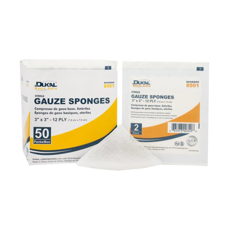 Dukal Gauze Sponge 3" x 3", 12-Ply, Sterile, 2/pk 50pk/bx 24bx/cs