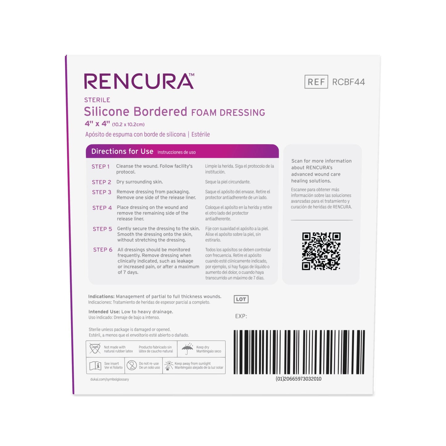 Rencura Silicone Bordered Foam Dressing 4"x4",1/pk, 10pk/bx, 10bx/cs