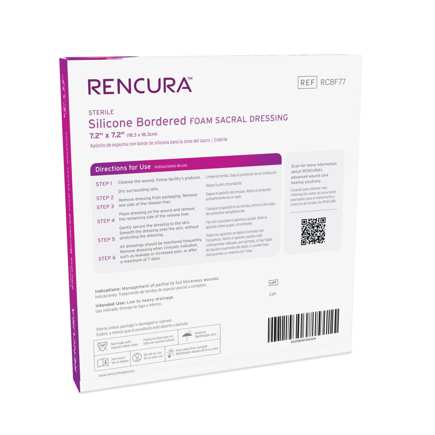 Rencura Silicone Bordered Foam Sacral Dressing 7.2"x 7.2", 1/pk, 5pk/bx, 8bx/cs
