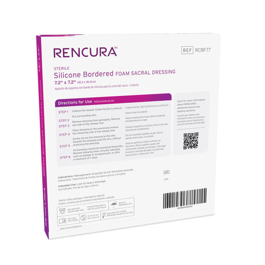 Rencura Silicone Bordered Foam Sacral Dressing 7.2"x 7.2", 1/pk, 5pk/bx, 8bx/cs