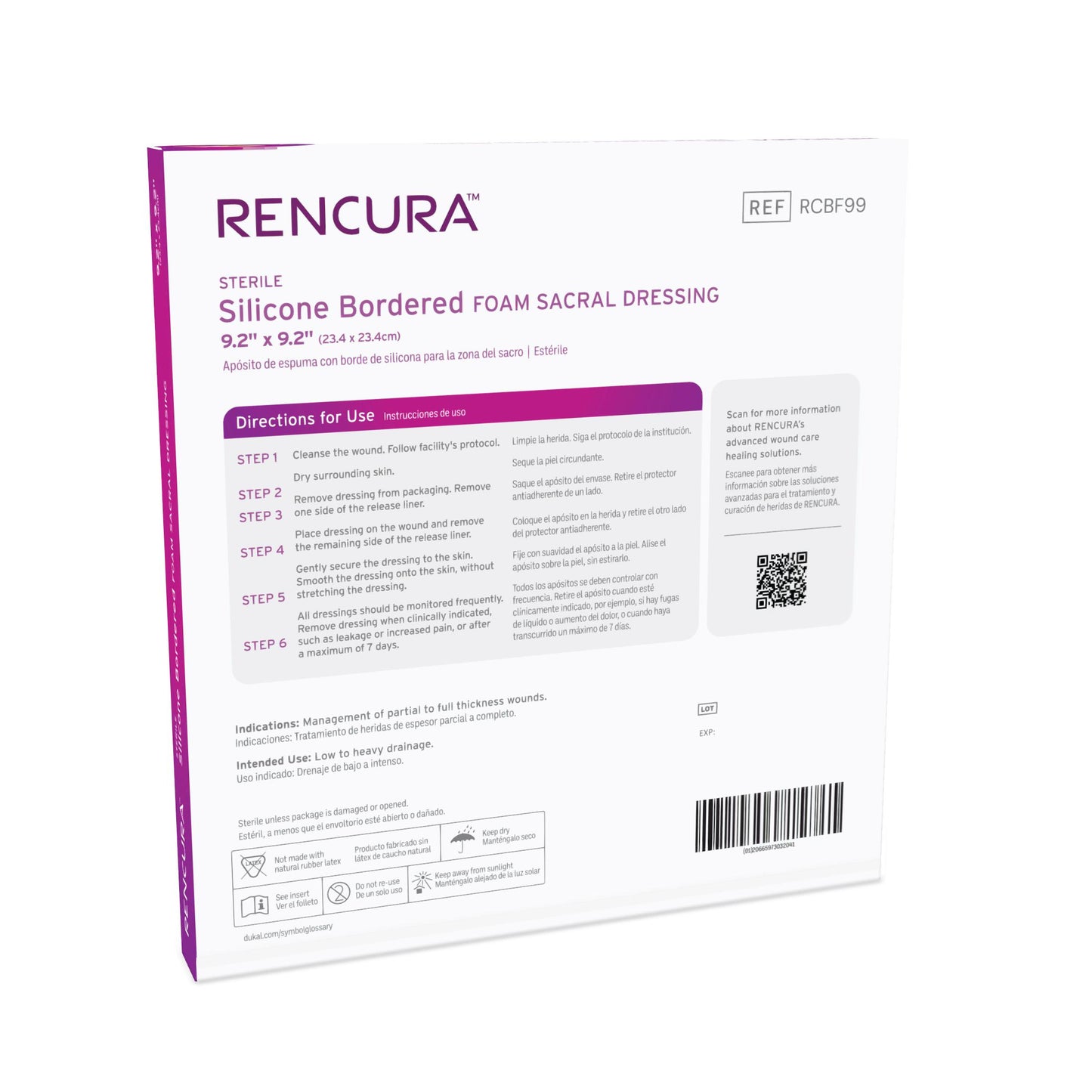 Rencura Silicone Bordered Foam Sacral Dressing 9.2"x 9.2", 1/pk, 5pk/bx, 5bx/cs