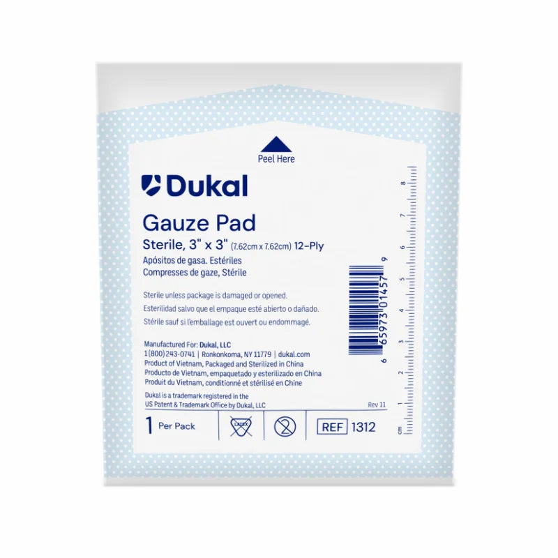 Dukal Sterile Gauze Sponge, 3 x 3 Inch, 12-Ply, Cotton, White, Square, Sterile, 1/pk 3600pk/cs