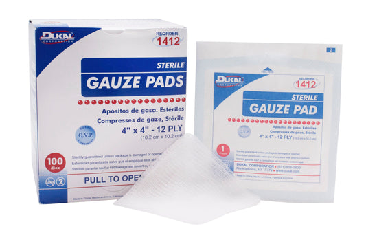 Dukal Sterile Gauze Sponges, Cotton, 12-Ply, 4 Inches x 4 Inches, Square, Sterile, 1/pk 100pk/bx 12bx/cs