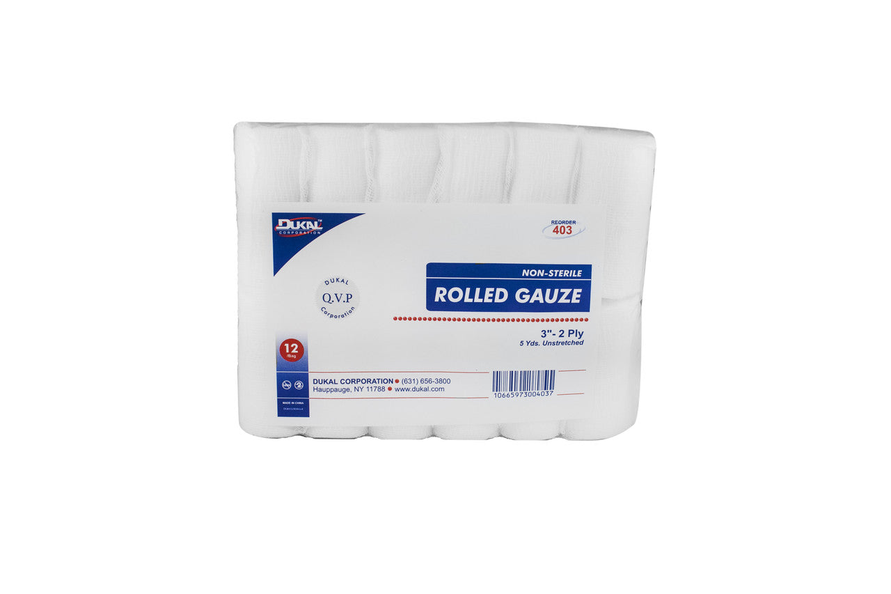 Dukal Rolled Gauze, 3" x 5 yd, 2ply, Non-Sterile (Pack of 96)