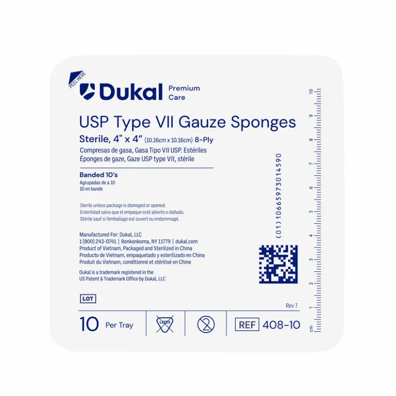 Dukal Premium Care Sterile Type VII Gauze Sponges, 8-Ply, 4" x 4", 10/ty 128ty/cs