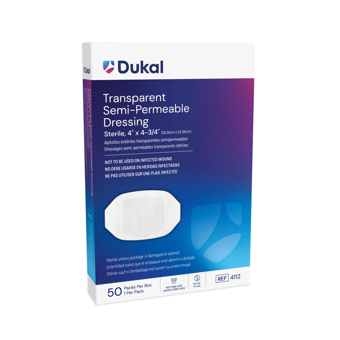 Dukal Transparent Semi-Permeable Dressing, 4" x 4-3/4", Sterile, 1/pk, 50pk/bx