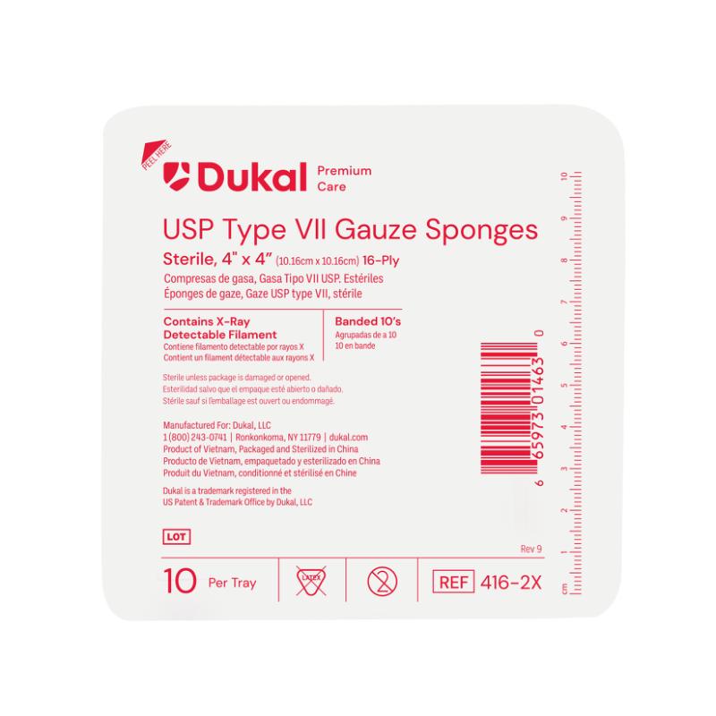 Dukal Premium Care Sterile Type VII Gauze Sponges with X-Ray Detectable Filament, 16-Ply, 4" x 4"