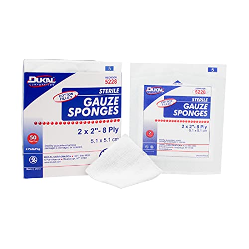 Dukal Cotton Filled Gauze Sponges, 2" x 2" 8-Ply, Sterile, 2/pk, 50 pk/bx, 24 bx/cs (2400 units)