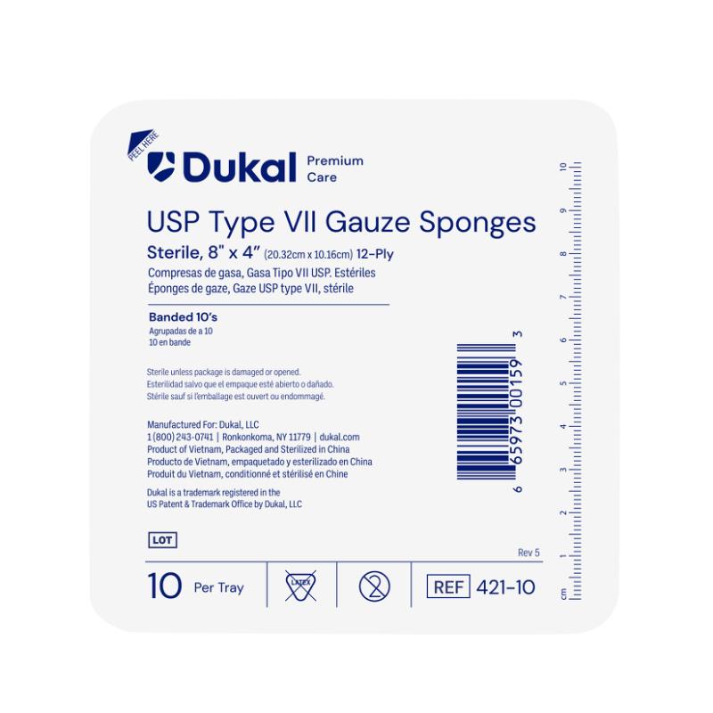 Dukal Premium Care Sterile Type VII Gauze Sponges, 12-Ply, 8" x 4", 10/ty 80ty/cs