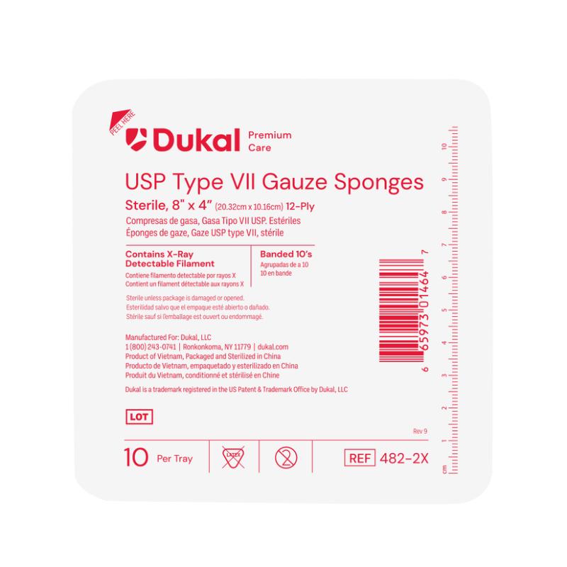 Dukal Premium Care Sterile Type VII Gauze Sponges with X-Ray Detectable Filament, 12-Ply, 8" x 4", X-ray 10/tr 48 trays/cs