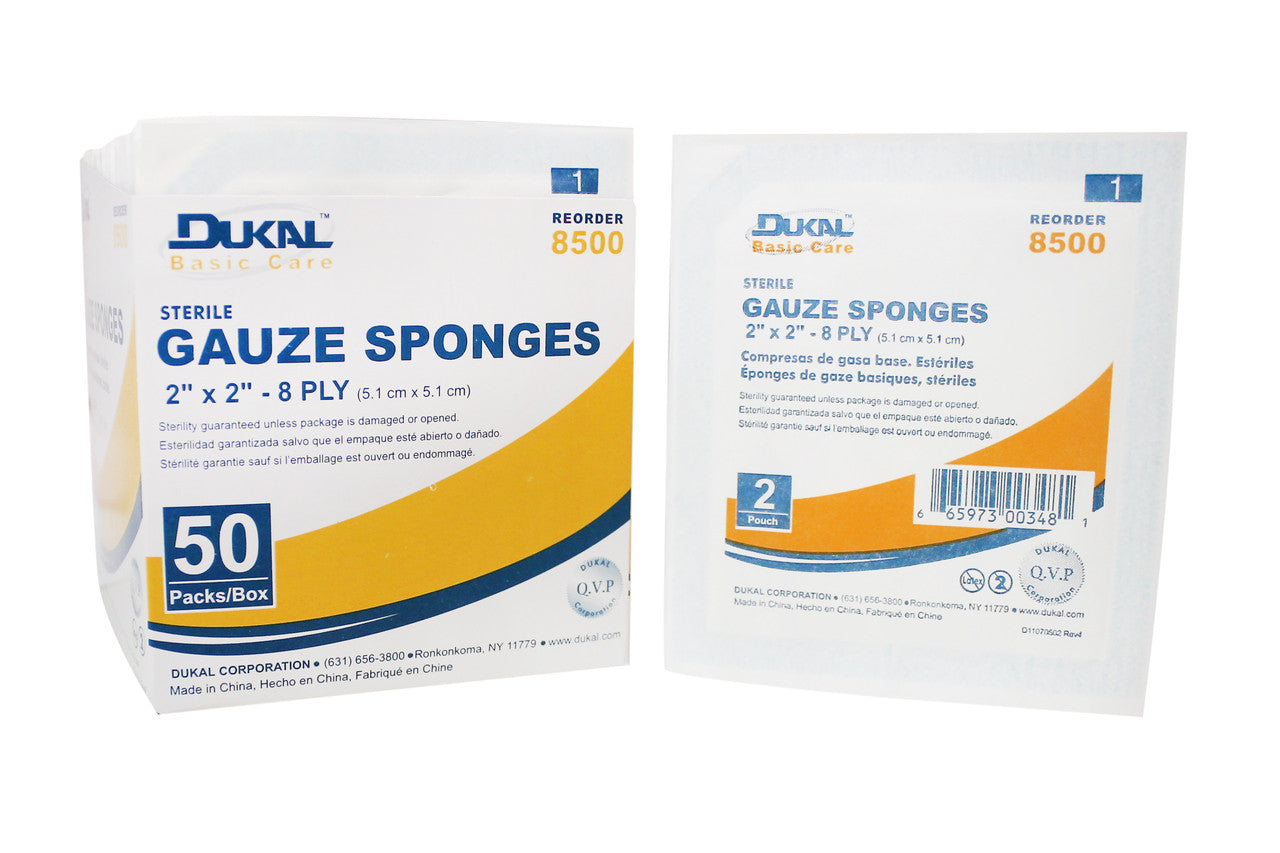 Dukal Gauze Sponge 2" x 2", 8-Ply, Sterile, 2/pk 50pk/bx 30bx/cs