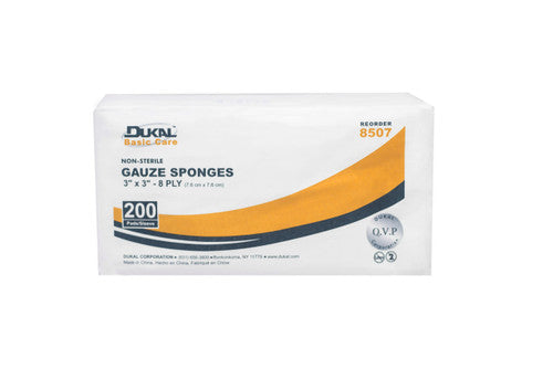 Dukal Gauze Sponge 3" x 3", 8-Ply, Non-Sterile, 200/bg 20bg/cs