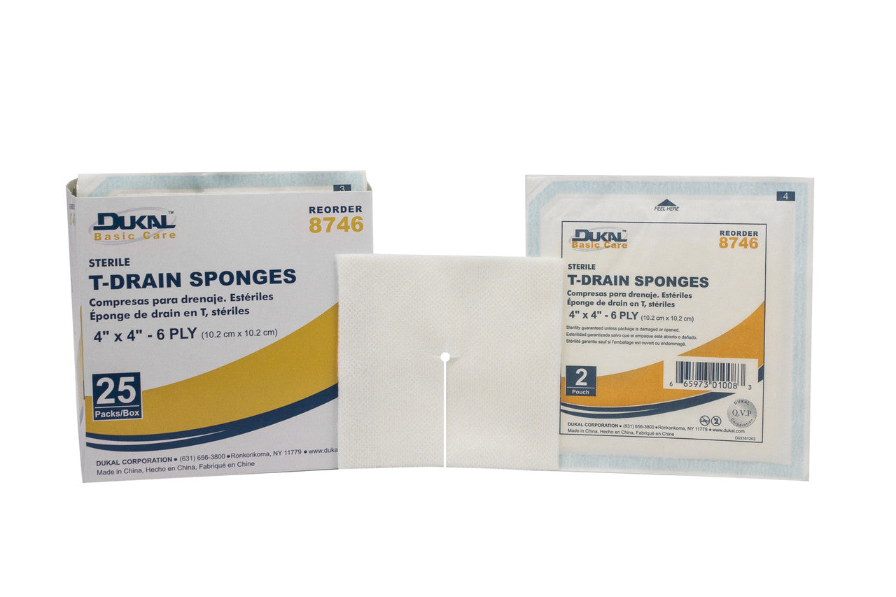 Dukal Basic T-Drain Sponge  4"x 4" 6ply Sterile, 2/pk,25pk/bx,12bx/cs