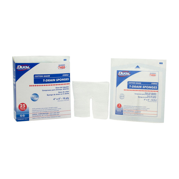 Dukal T-Drain Sponge, 4" x 4" Sterile, 1/pk 25pk 12pk/cs