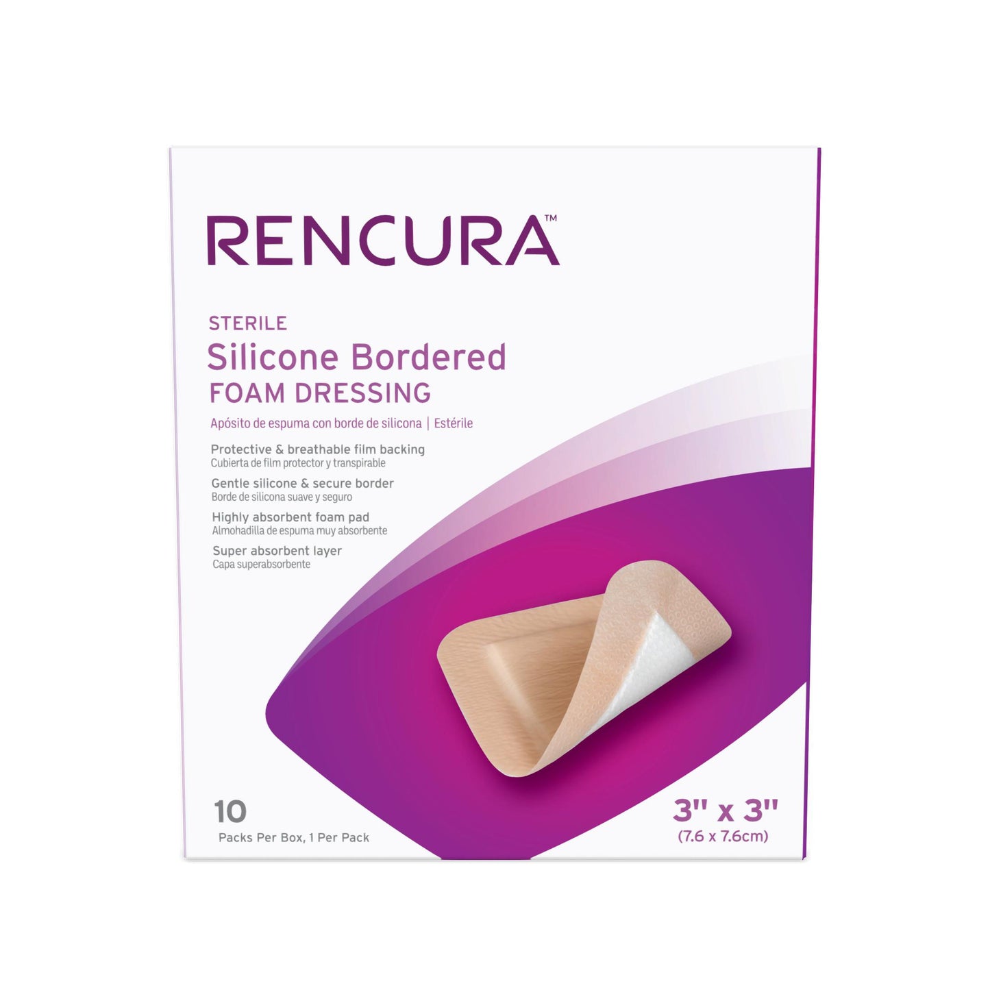 Rencura Silicone Foam Bordered Dressing 3"x3", Sterile, 1/pk, 10pk/bx, 10bx/cs