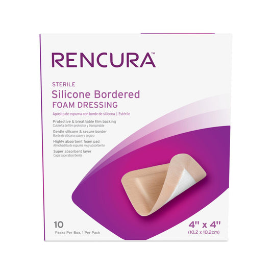 Rencura Silicone Bordered Foam Dressing 4"x4",1/pk, 10pk/bx, 10bx/cs