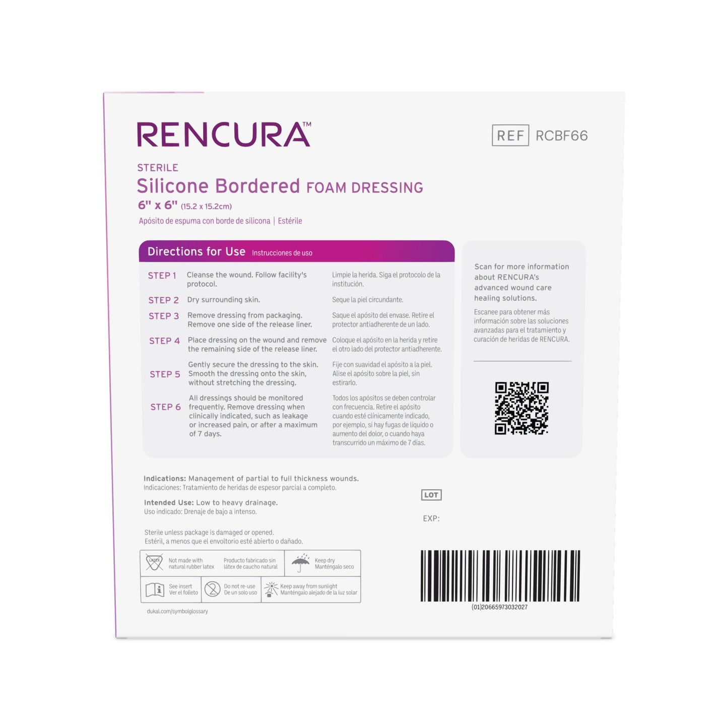 Rencura Silicone Bordered Foam Dressing 6"x 6", 1/pk, 10pk/bx, 10bx/cs