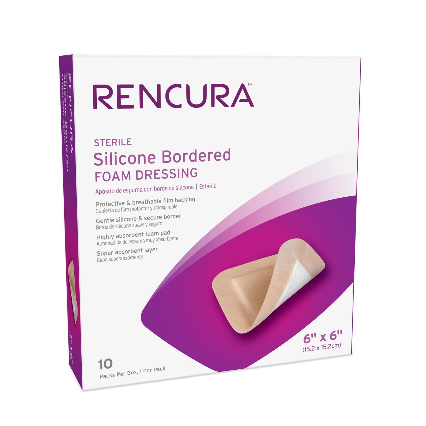 Rencura Silicone Bordered Foam Dressing 6"x 6", 1/pk, 10pk/bx, 10bx/cs