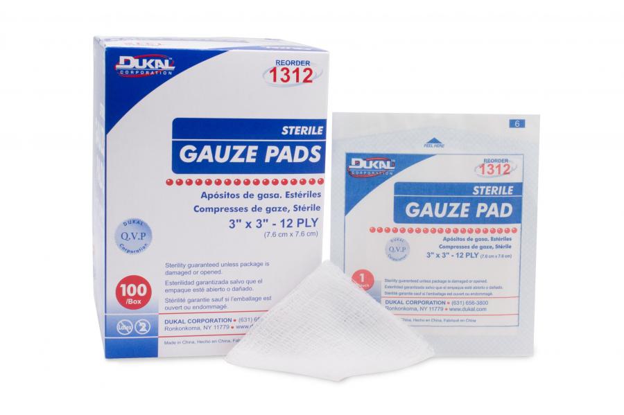 Dukal Sterile Gauze Sponge, 3 x 3 Inch, 12-Ply, Cotton, White, Square, Sterile, 1/pk100pk/bx 24bx/cs
