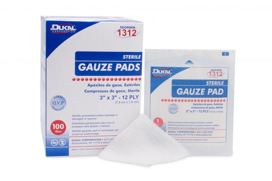 Dukal Sterile Gauze Sponge, 3 x 3 Inch, 12-Ply, Cotton, White, Square, Sterile, 1/pk100pk/bx 24bx/cs