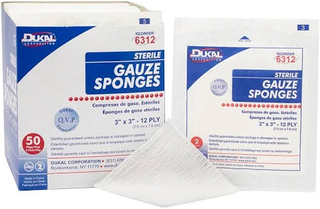 Dukal Gauze Sponge 3" x 3", 12-Ply, Sterile, 2/pk 50pk/bx 24bx/cs (2,400 units)